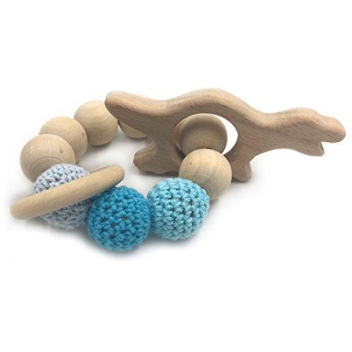 Amyster Crochet Untreated Beech Teether with Organic Wood Mickey Mouse Toy Wood Bracelet