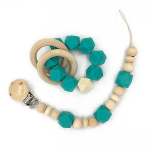 Amyster Wooden Baby Teether Ring Wood Pacifier Clip Organic Wood Montessori Toy Silicone Beads Teether Infant Teether BPA Free