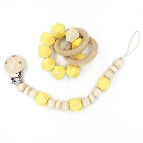 Amyster Wooden Baby Teether Ring Wood Pacifier Clip Organic Wood Montessori Toy Silicone Beads Teether Infant Teether BPA Free