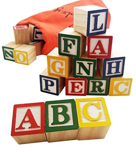 30 Alphabet Blocks with Letters Colors by Skoolzy. Wooden ABC Toddler, Preschool & Kindergarten Building Toy. Wood Reading Stacking with Carrying Tote