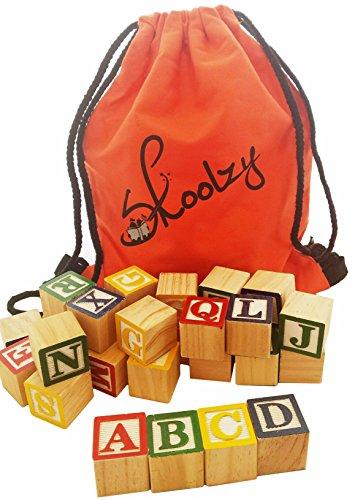 30 Alphabet Blocks with Letters Colors by Skoolzy. Wooden ABC Toddler, Preschool & Kindergarten Building Toy. Wood Reading Stacking with Carrying Tote