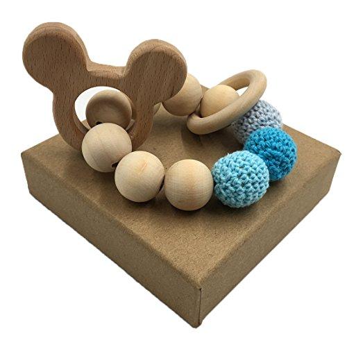 Amyster Crochet Untreated Beech Teether with Organic Wood Mickey Mouse Toy Wood Bracelet