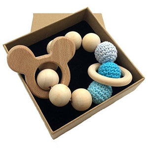 Amyster Crochet Untreated Beech Teether with Organic Wood Mickey Mouse Toy Wood Bracelet